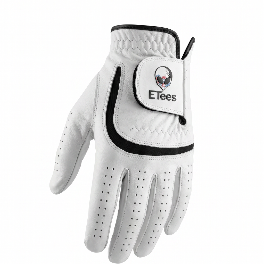A white golf glove with black trim and a Velcro patch labeled 'Etees' is shown on a light gray background, with text below reading 'PURE CABRETTA LEATHER UNYIELDING GRIP' and 'ENGINEERED FOR THE SOUTHERN SWING | $24.99'.
