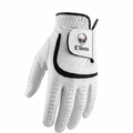 A white golf glove with black trim and a Velcro patch labeled 'Etees' is shown on a light gray background, with text below reading 'PURE CABRETTA LEATHER UNYIELDING GRIP' and 'ENGINEERED FOR THE SOUTHERN SWING | $24.99'.