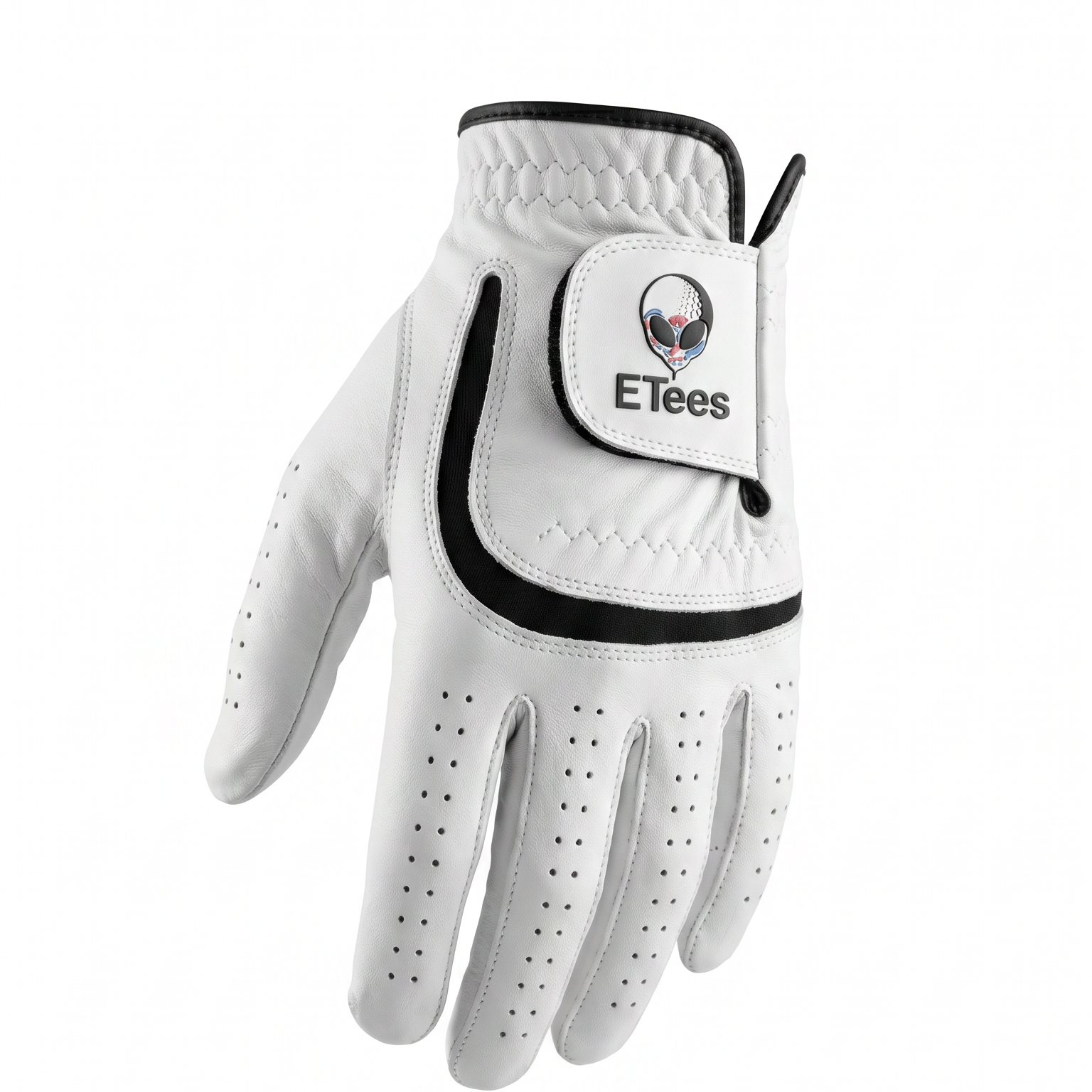 A white golf glove with black trim and a Velcro patch labeled 'Etees' is shown on a light gray background, with text below reading 'PURE CABRETTA LEATHER UNYIELDING GRIP' and 'ENGINEERED FOR THE SOUTHERN SWING | $24.99'.