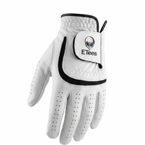 A white golf glove with black trim and a Velcro patch labeled 'Etees' is shown on a light gray background, with text below reading 'PURE CABRETTA LEATHER UNYIELDING GRIP' and 'ENGINEERED FOR THE SOUTHERN SWING | $24.99'.