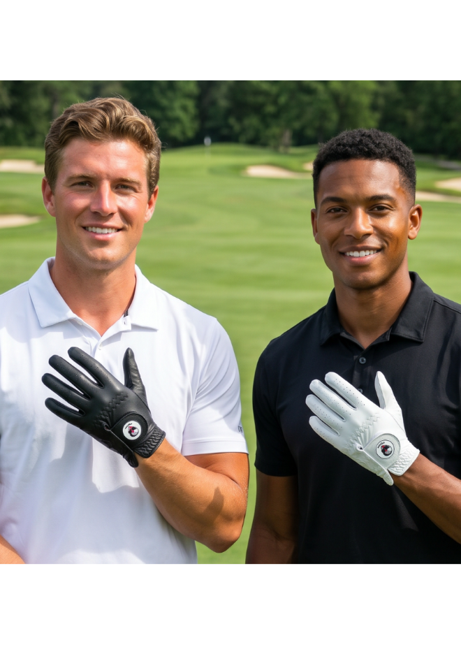 Two male golfers standing on a golf course, each wearing Gen 3 golf glove. The golfer on the left wears a white polo shirt, black pants, and a black glove.