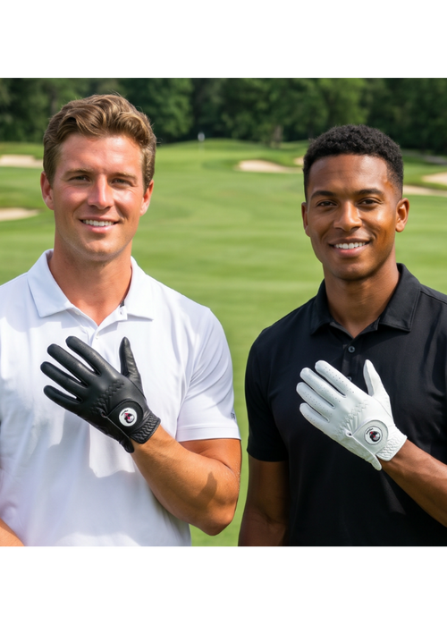 Two male golfers standing on a golf course, each wearing Gen 3 golf glove. The golfer on the left wears a white polo shirt, black pants, and a black glove.
