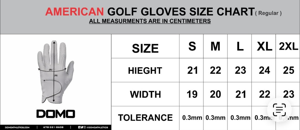 American golf gloves size chart in centimeters for regular size, showing a glove illustration with measurement lines and a size table from S to 2XL with height, width, and tolerance values. The brand Domo is visible on the chart.