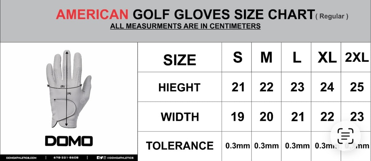 American golf gloves size chart in centimeters for regular size, showing a glove illustration with measurement lines and a size table from S to 2XL with height, width, and tolerance values. The brand Domo is visible on the chart.