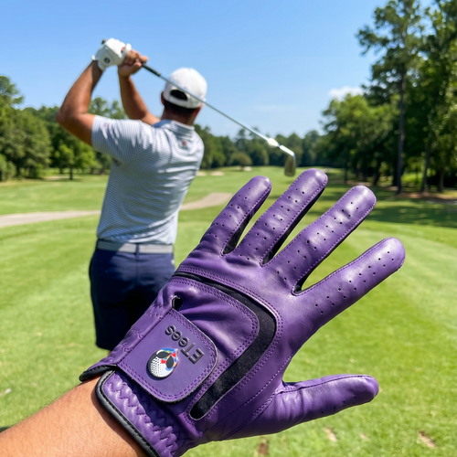 A purple leather golf glove worn on a hand, with a blurred background of a golfer on a golf course. A purple text box at the bottom reads 'PREMIUM CABRETTA THE GEN 3 GLOVE FOR THE PERFECT GRIP For $25.